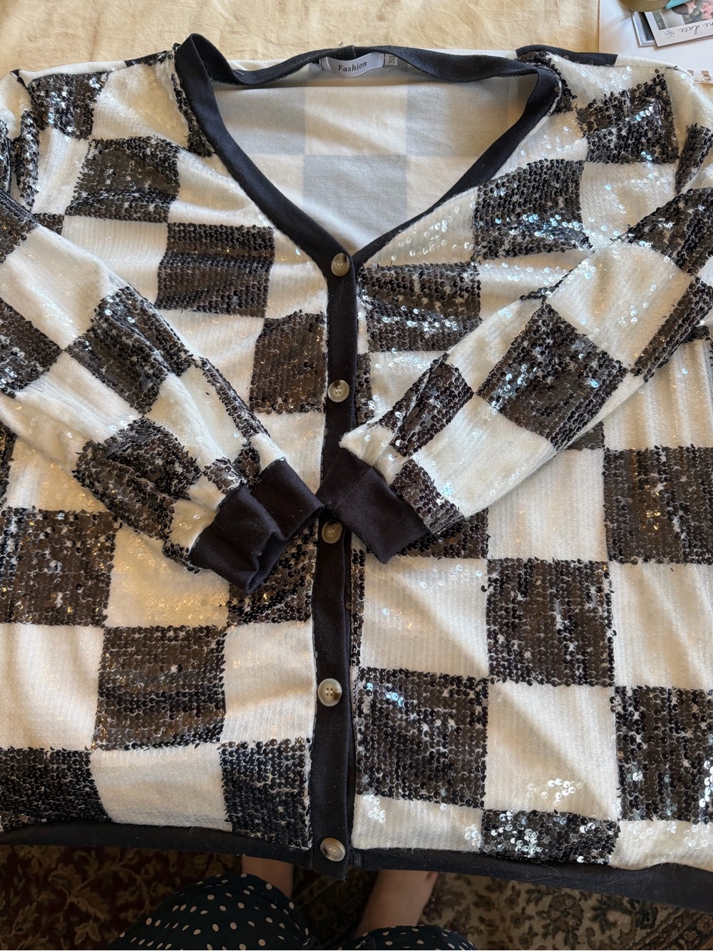 Sequin Checkered Cardigan - Black & White, size 2X, never worn